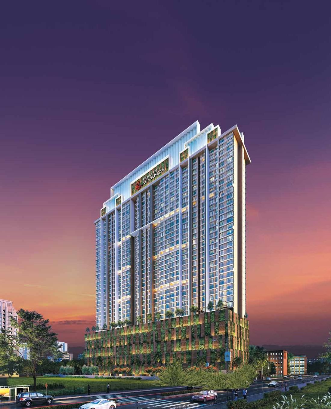 Ruparel Vivanza tower at dusk with landscaped podium